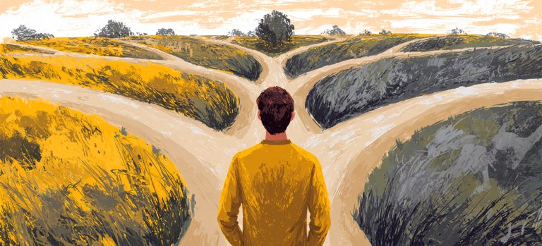 A person stands facing several diverging paths in a painted landscape of rolling fields.