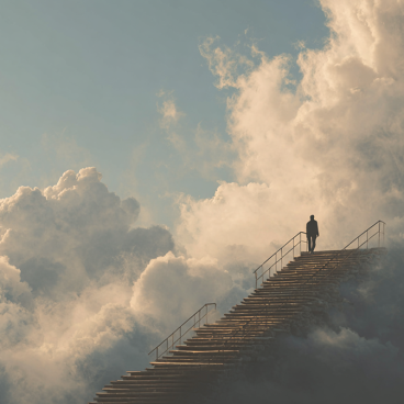 Changing Paths - Adaption - a person emerging from clouds. Life of an Architect
