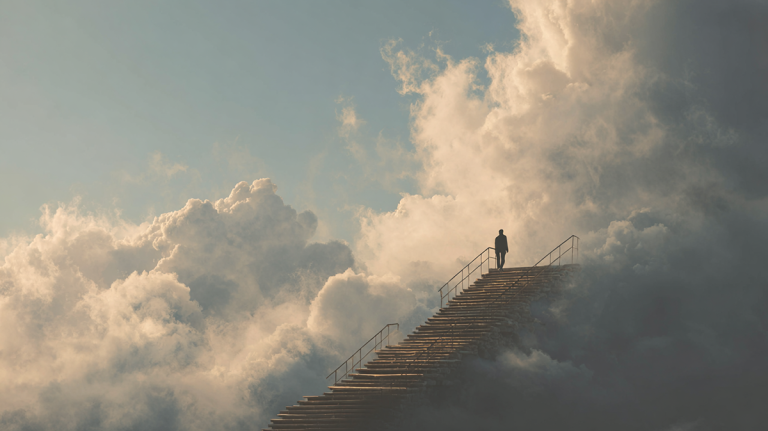 Changing Paths - Adaption - a person emerging from clouds. Life of an Architect