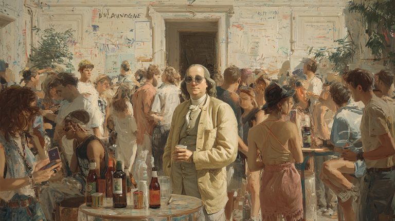 Benjamin Franklin at a modern day house party