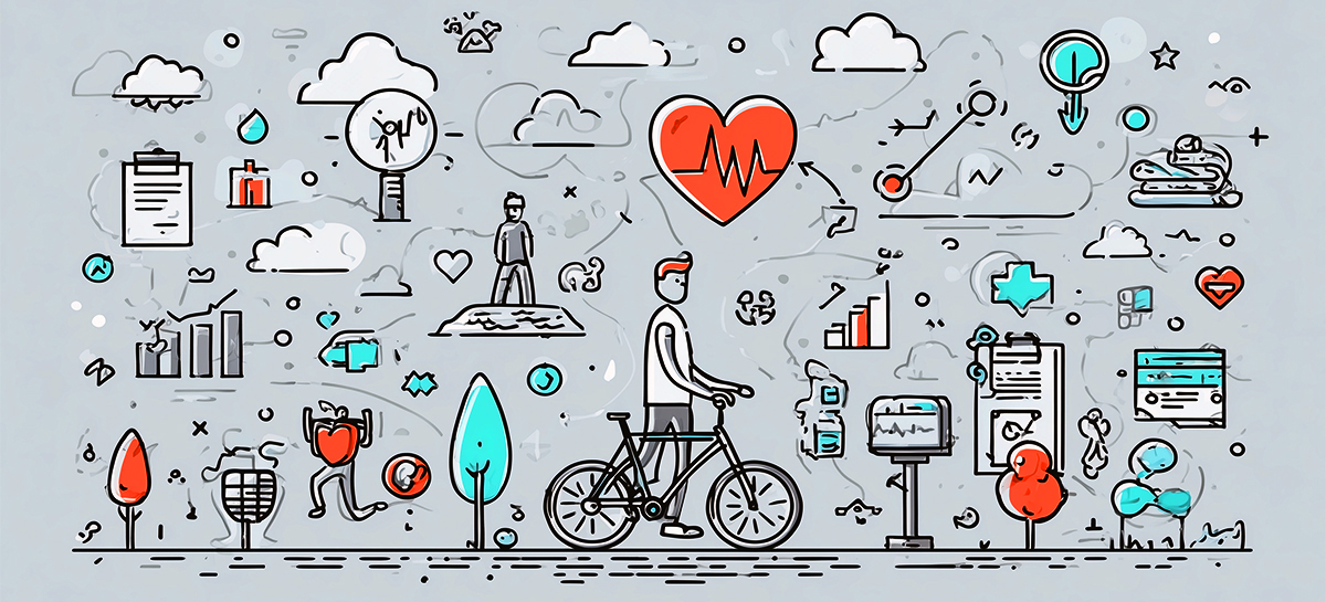 Elements of Personal Health Illustration showing elements of personal health including a heart with heartbeat line, person cycling, medical equipment, healthy foods, exercise figures, charts, and wellness symbols on a gray background with red and turquoise accents.