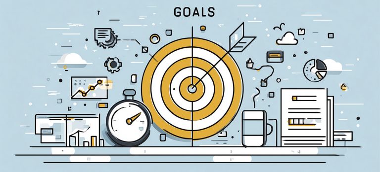 Illustration showing 'GOALS' text above a target with arrow in bullseye, surrounded by business icons including stopwatch, charts, documents, and coffee cup on light blue background.