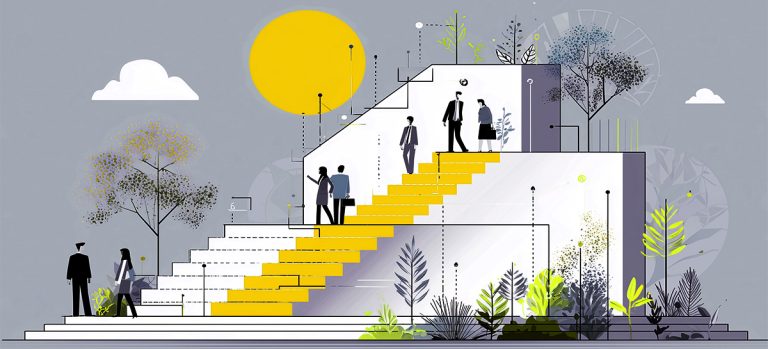 Illustration depicting professional development as business professionals climbing yellow and white stairs at different levels, symbolizing career progression. The scene includes decorative trees, plants, a large yellow sun, and architectural elements in gray, yellow, and white tones.